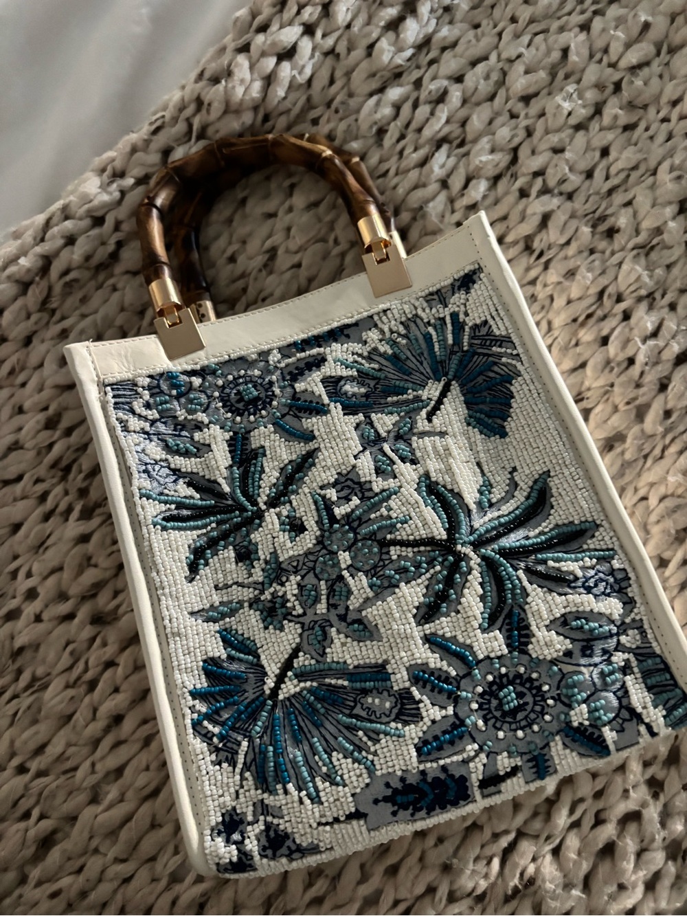 White Beaded Floral Tote with Bamboo Handles